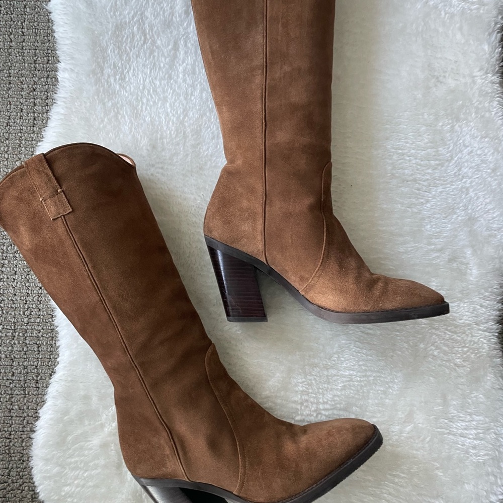 Stuart Weitzman Brown Suede Mid-Calf Heeled Boots - Picture 12 of 12